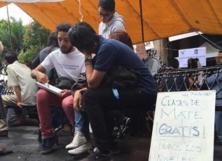 Joven da clases de matématicas gratis en un parque