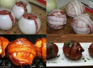 Bolitas de cebolla rellenas de carne y envueltas en tocino