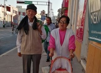 Abuelitos pasean a mascota en carriola por las calles de Tepic