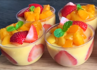 Comer frutas frescas en cada bocado es un deleite con “pudín de mango”, un fantástico postre que te dejará con ganas de seguir comiendo más.